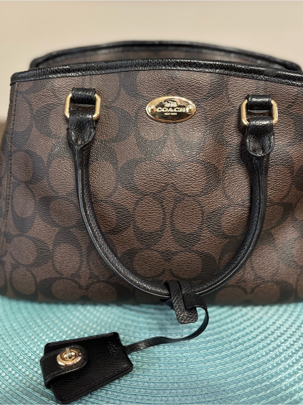 Coach Brown Signature Canvas Satchel with Black Trim and Gold Hardware